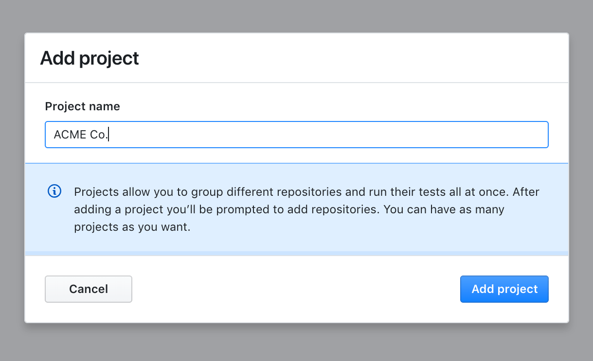 Screenshot showing how to add your first project.
